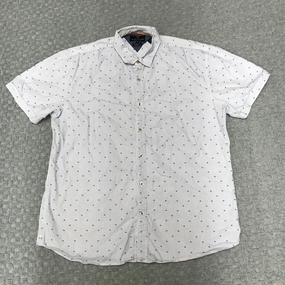 Michael Brandon Shirt Mens XL White Blue Slim Fit Short Sleeve Button Up Dot